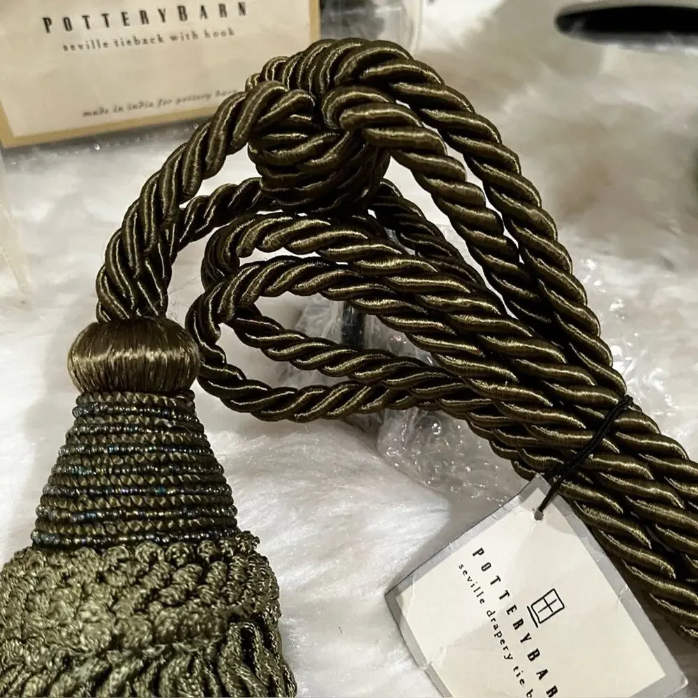 NEW Pottery Barn Seville Set 2 Tassel Drapery Tie Back + Hook Lichen Green NWT